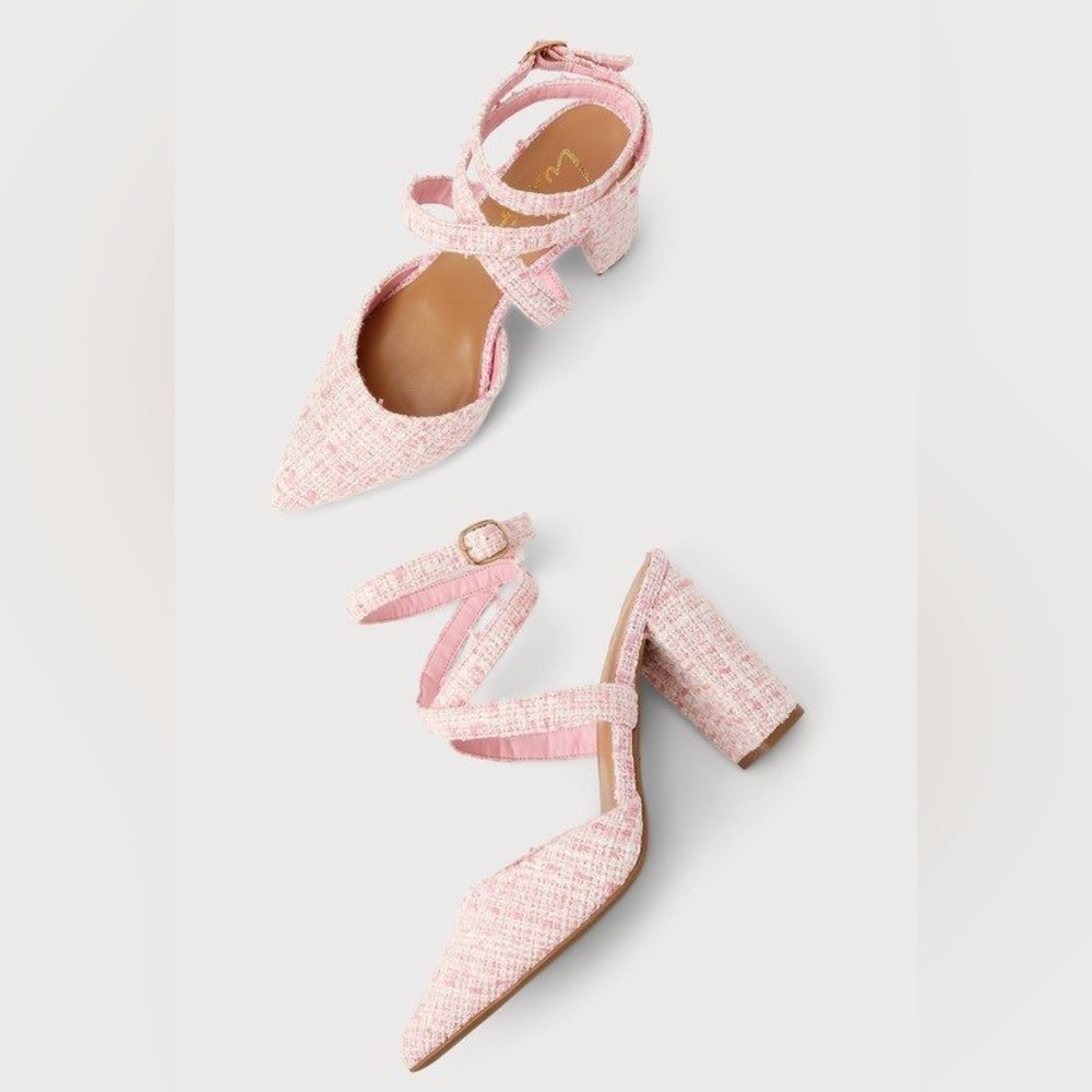 Tweed Ankle Wrap Pointed Toe Pumps in Pink - Picture 6 of 7